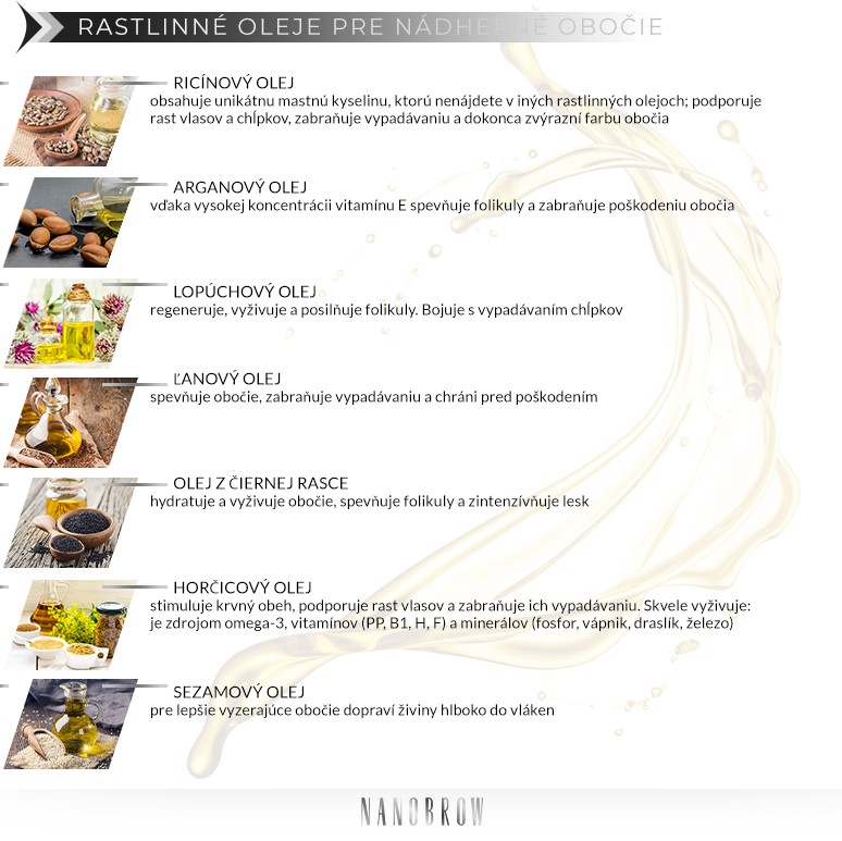Rastlinné oleje pre nádherné obočie: Ricínový olej, Arganový olej, Lopúchový olej, Ľanový olej, Olej z čiernej rasce, Horčicový olej, Sezamový olej